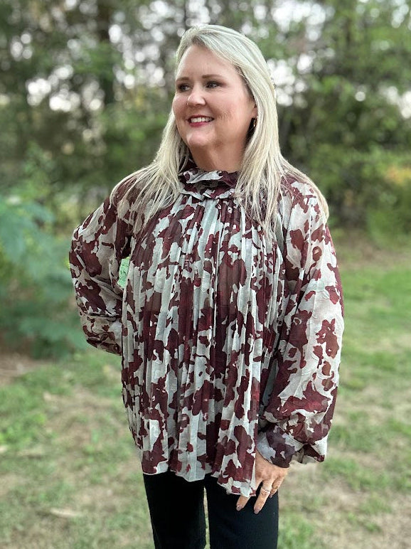 Sage Green Burnout Floral Pleated Ruffle Neck Blouse