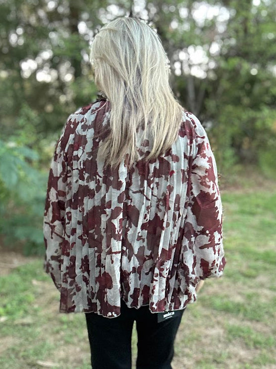 Sage Green Burnout Floral Pleated Ruffle Neck Blouse