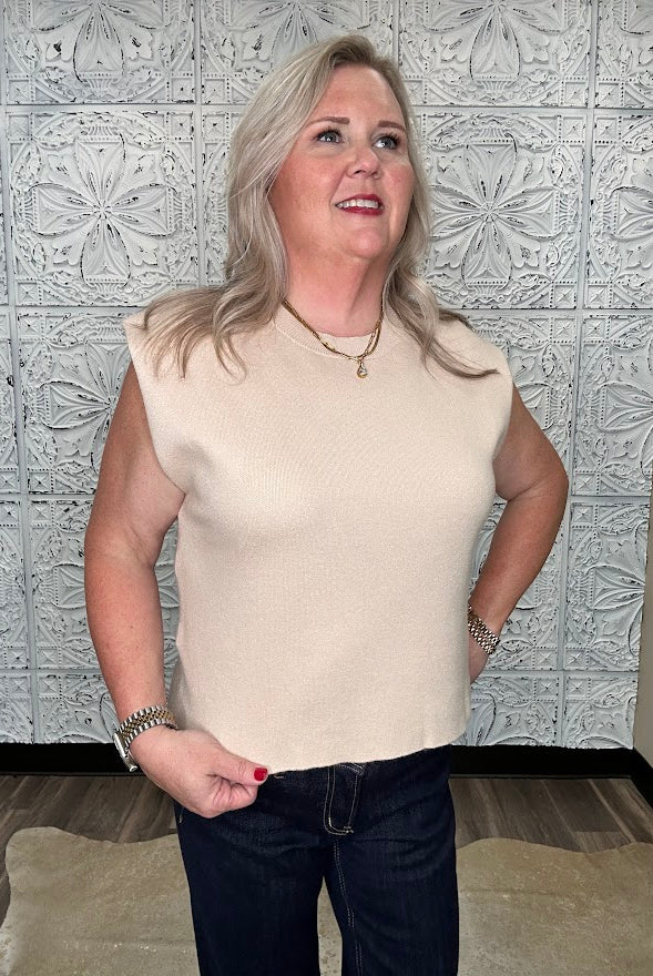 Sand Ribbed Cap Sleeve Sweater Top