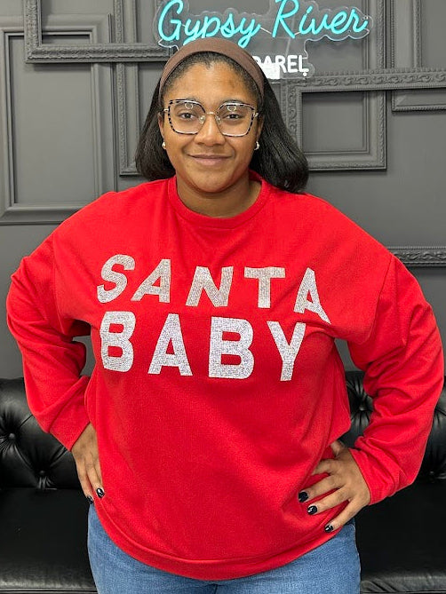 Santa Baby sweatshirt, Christmas pullover, holiday sweatshirt, festive top, cozy Christmas wear, boutique holiday sweater, red Christmas top, Santa shirt, holiday lounge top, women’s Christmas sweatshirt