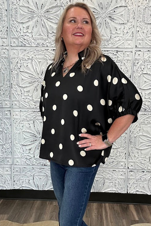 Satin Polka Dot Collared Blouse