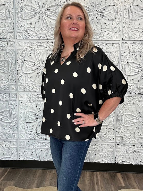 Satin Polka Dot Collared Blouse