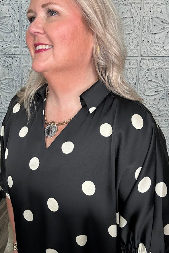Satin Polka Dot Collared Blouse