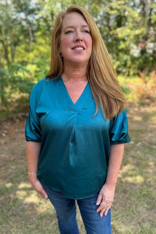 Satin V-Neck 3/4 Sleeve Blouse