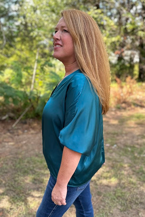 Satin V-Neck 3/4 Sleeve Blouse