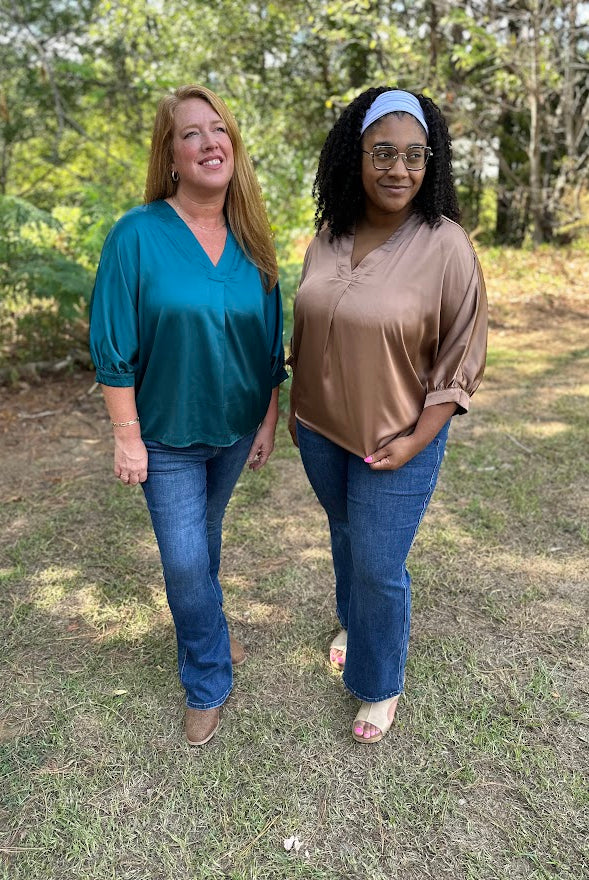 Satin V-Neck 3/4 Sleeve Blouse