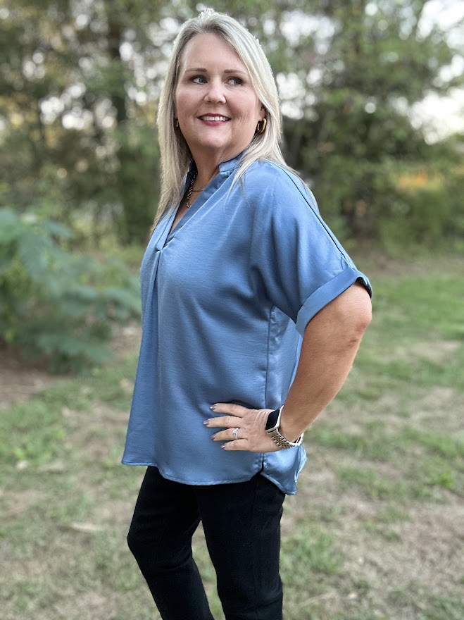 Satin V-Neck Placket Cuffed Sleeve Blouse