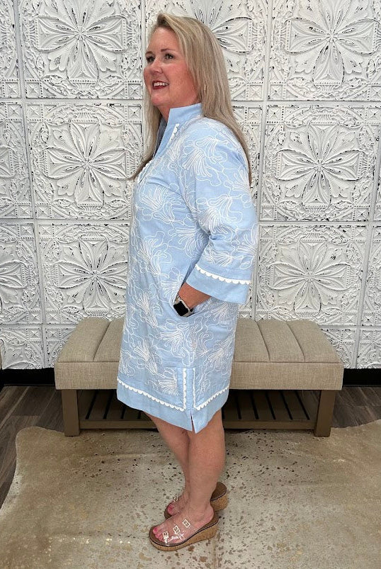 Scallop Trim Embroidered Shift Dress