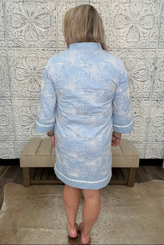Scallop Trim Embroidered Shift Dress