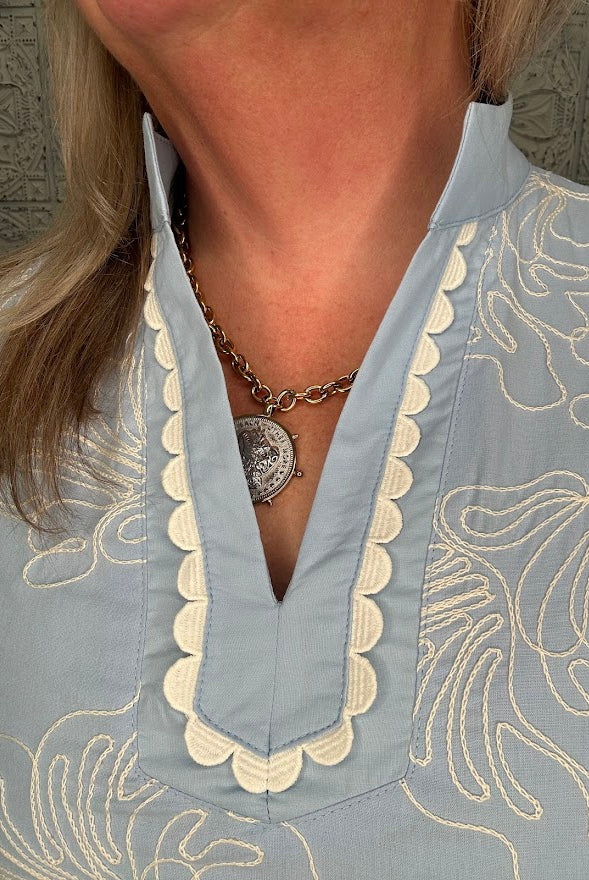 Scallop Trim Embroidered Shift Dress
