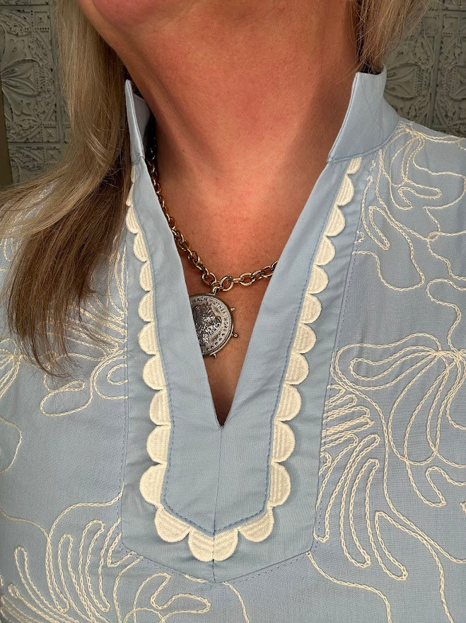 Scallop Trim Embroidered Shift Dress