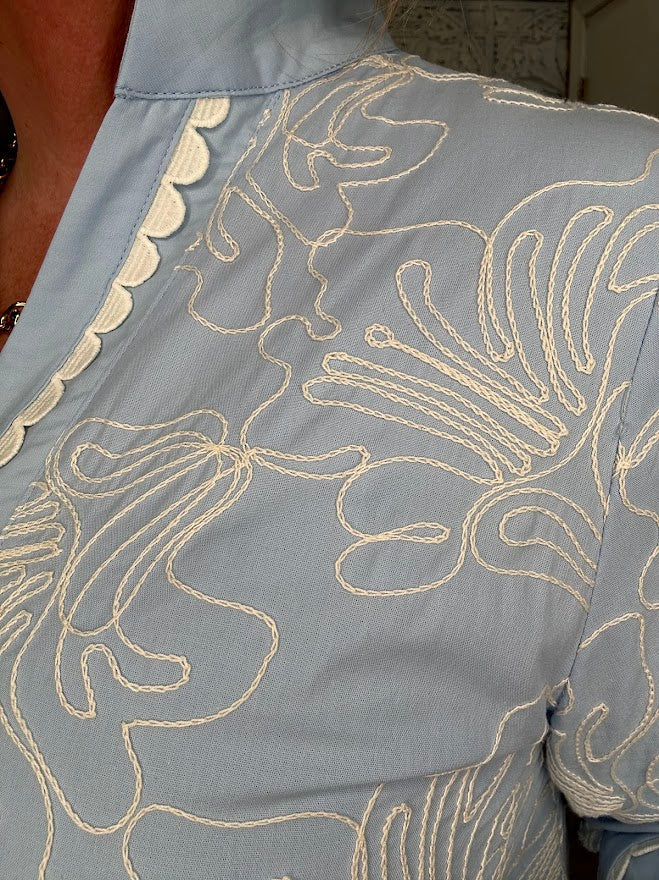 Scallop Trim Embroidered Shift Dress