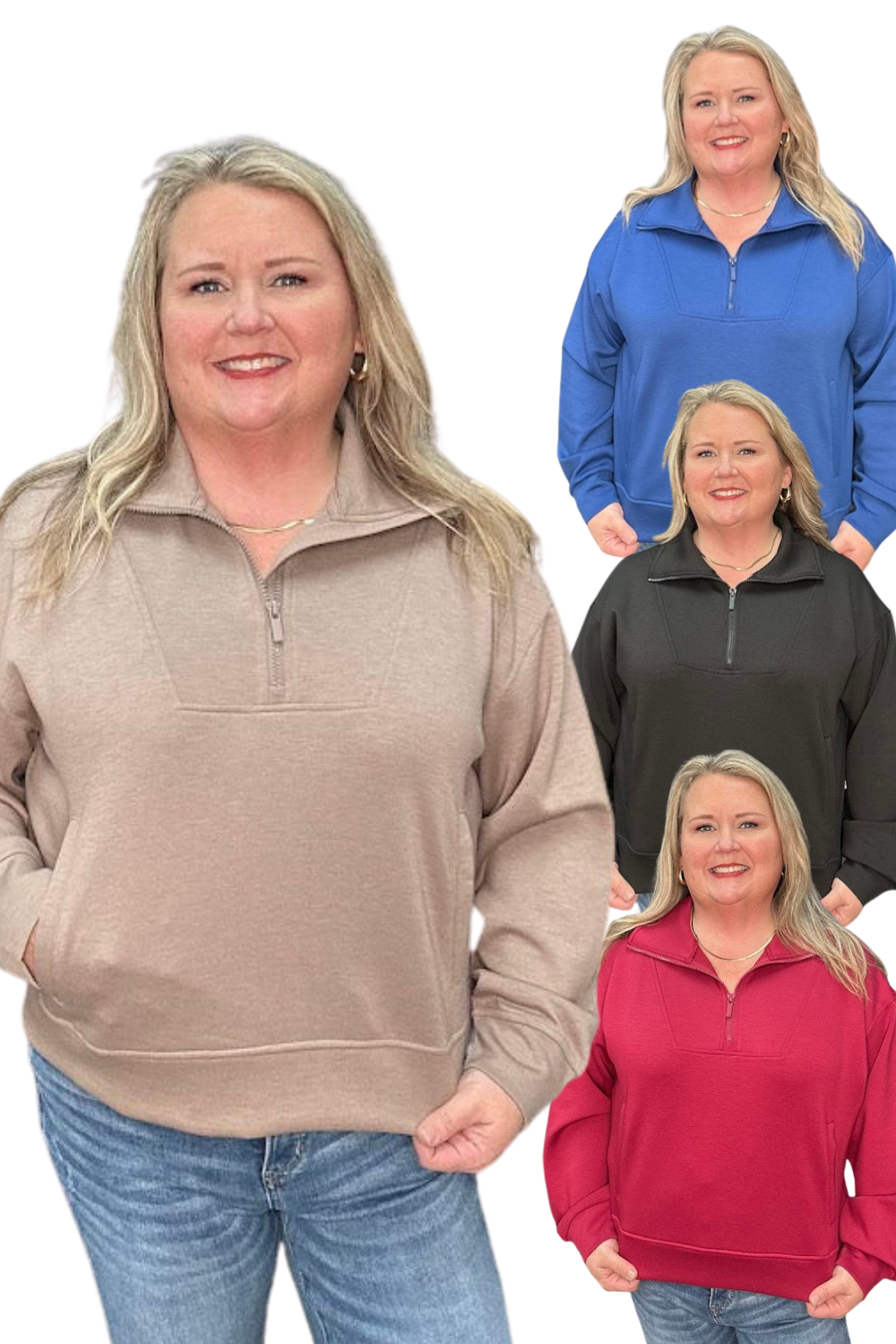 half zip sweatshirt, women’s pullover sweatshirt, casual zip sweatshirt, neutral pullover top, cozy fall sweatshirt, women’s boutique sweatshirt, quarter zip sweater, plus size sweatshirt, everyday casual wear, versatile zip pullover, comfy women’s top, solid color sweatshirt, Gypsy River apparel