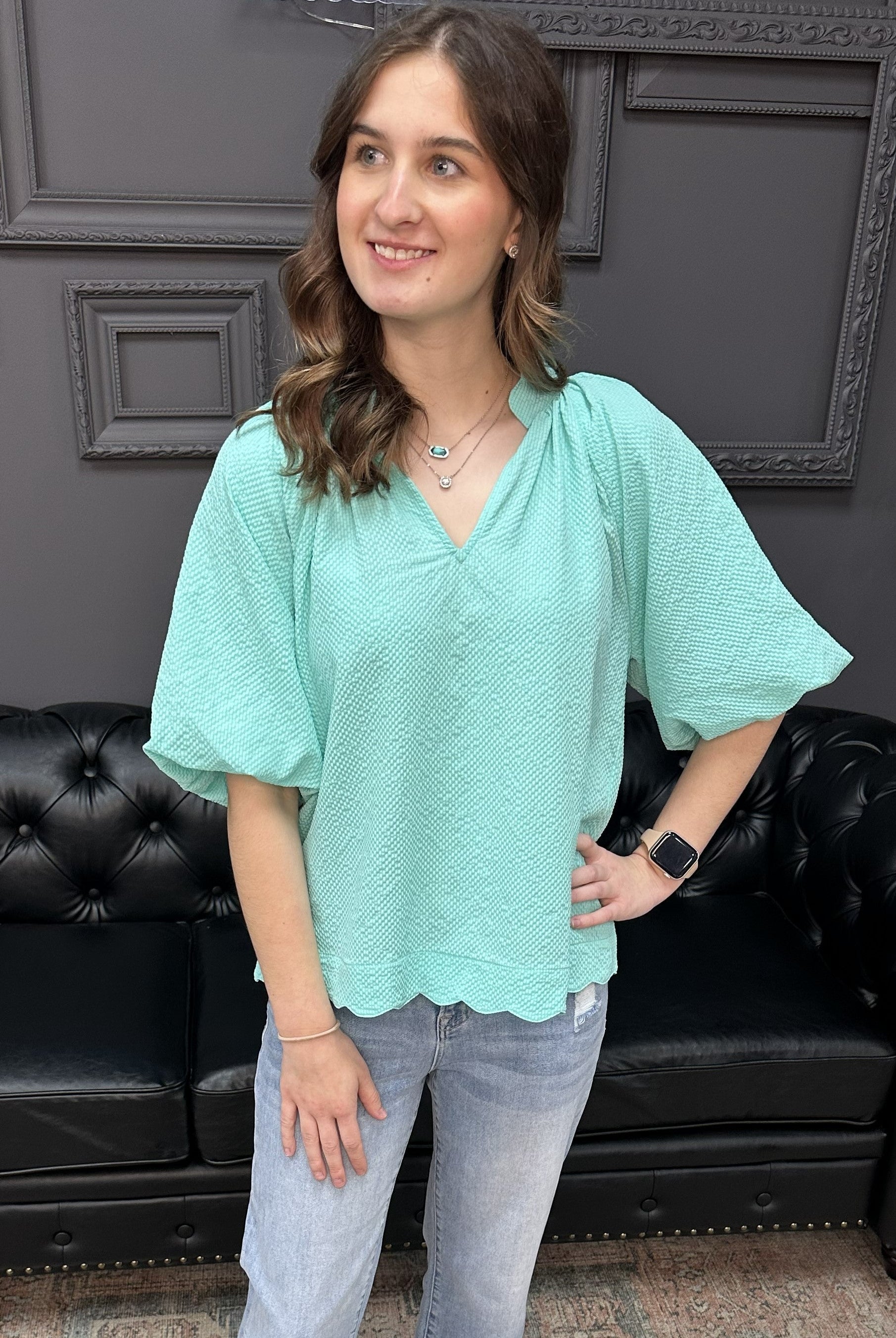 seersucker bubble sleeve top, scalloped hem blouse, mint seersucker top, peony pink blouse, curvy seersucker top, boutique summer blouse