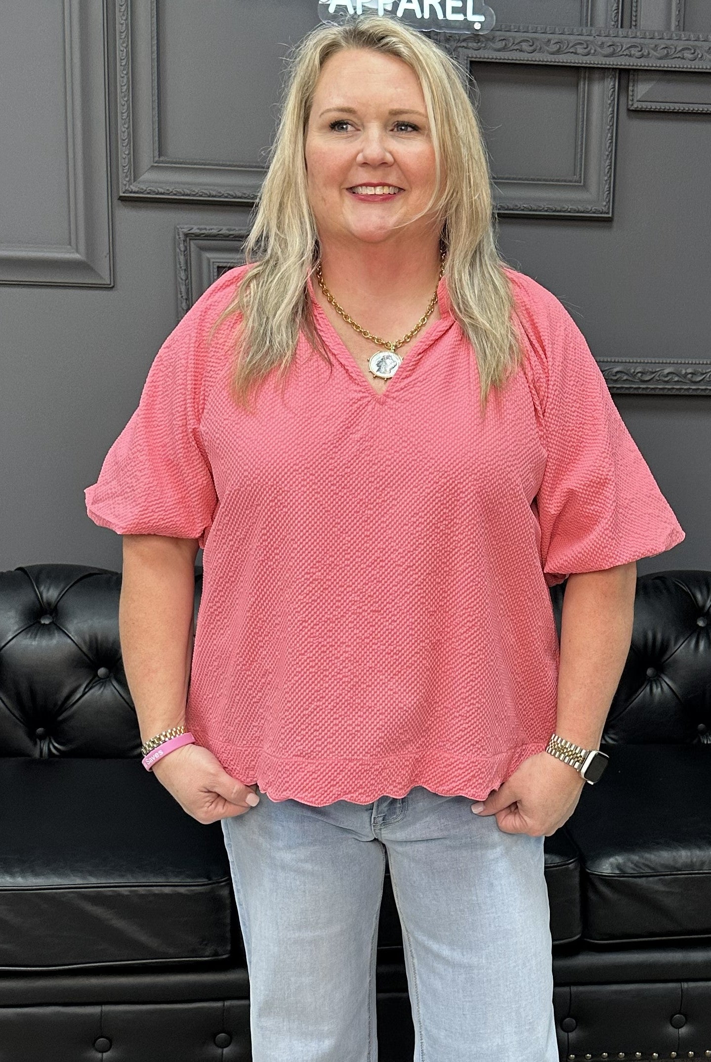 seersucker bubble sleeve top, scalloped hem blouse, mint seersucker top, peony pink blouse, curvy seersucker top, boutique summer blouse