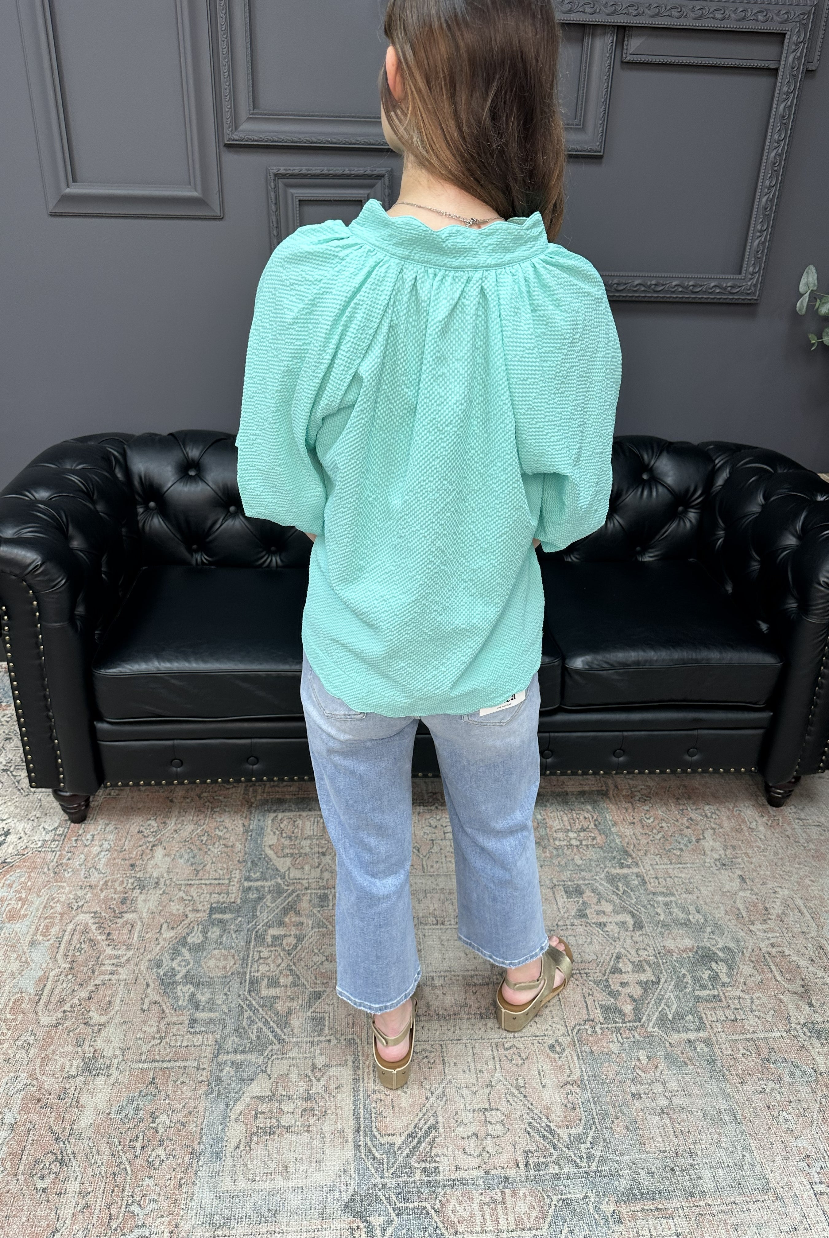 seersucker bubble sleeve top, scalloped hem blouse, mint seersucker top, peony pink blouse, curvy seersucker top, boutique summer blouse