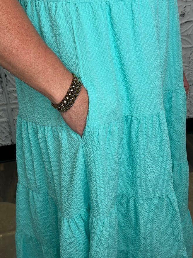 Seersucker Ruffle Sleeve Tiered Midi Dress with Scalloped Trim