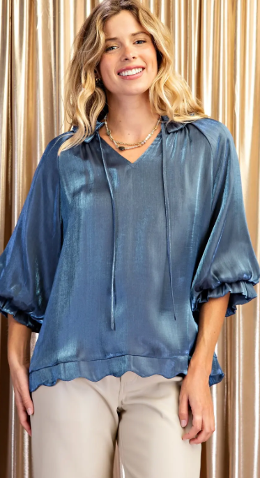 Shimmery Scalloped Tie Neck Balloon Sleeve Blouse