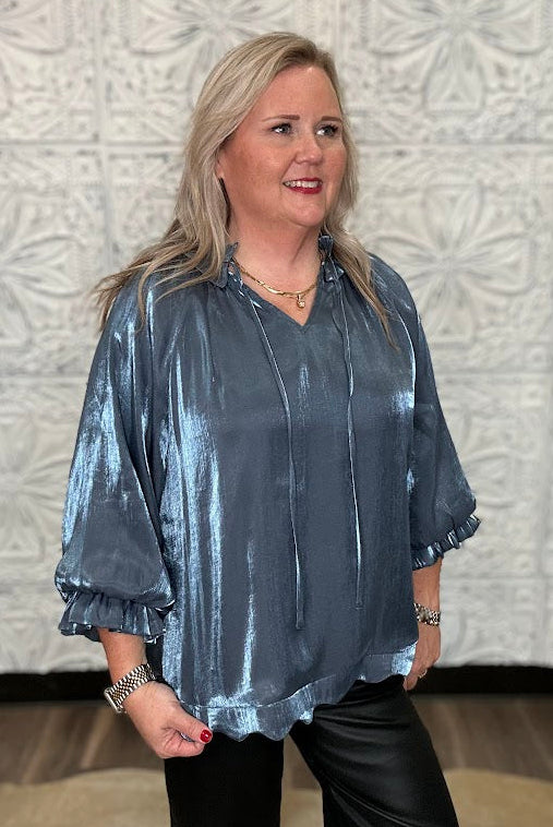 Shimmery Scalloped Tie Neck Blouse