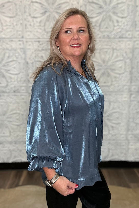 Shimmery Scalloped Tie Neck Blouse