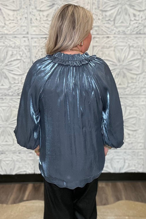 Shimmery Scalloped Tie Neck Blouse
