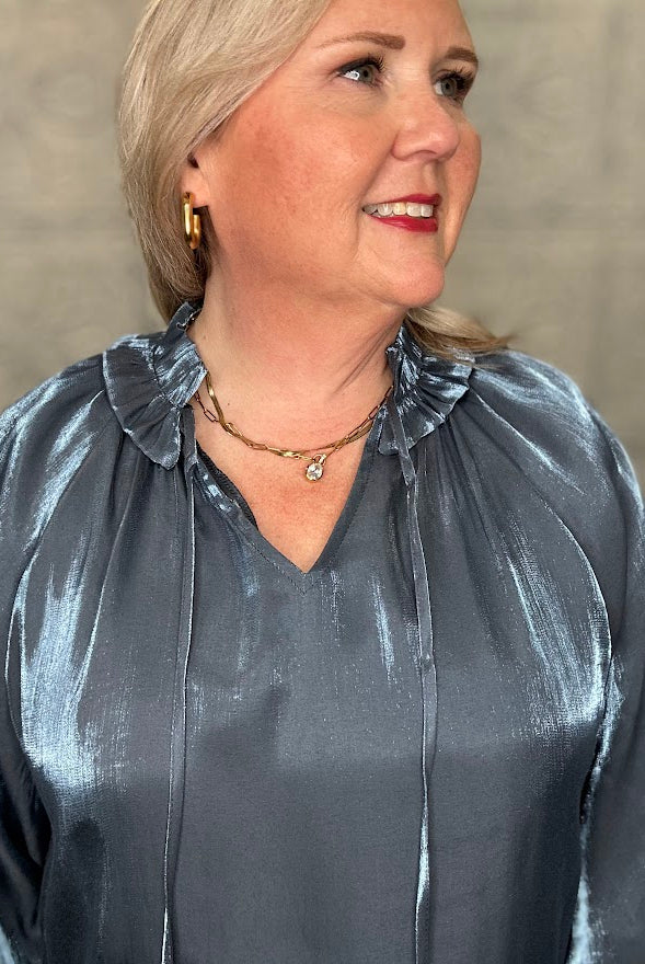 Shimmery Scalloped Tie Neck Blouse