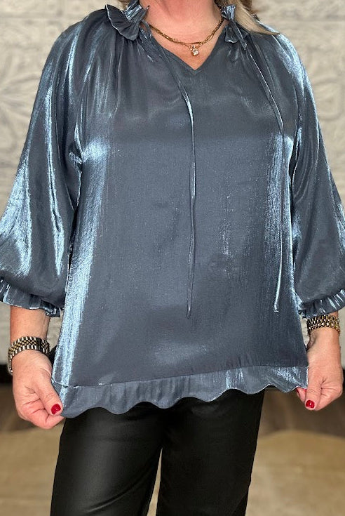Shimmery Scalloped Tie Neck Blouse