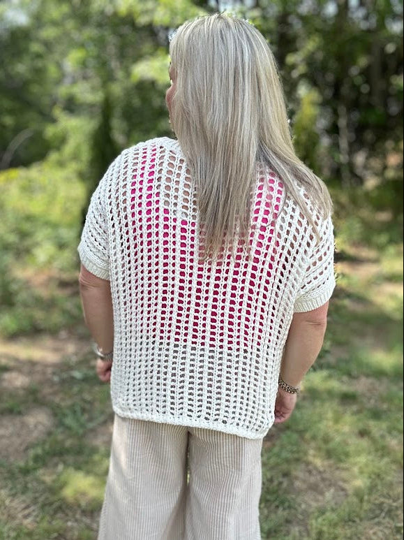 Short Sleeve Fishnet Crochet Knit Sweater Top