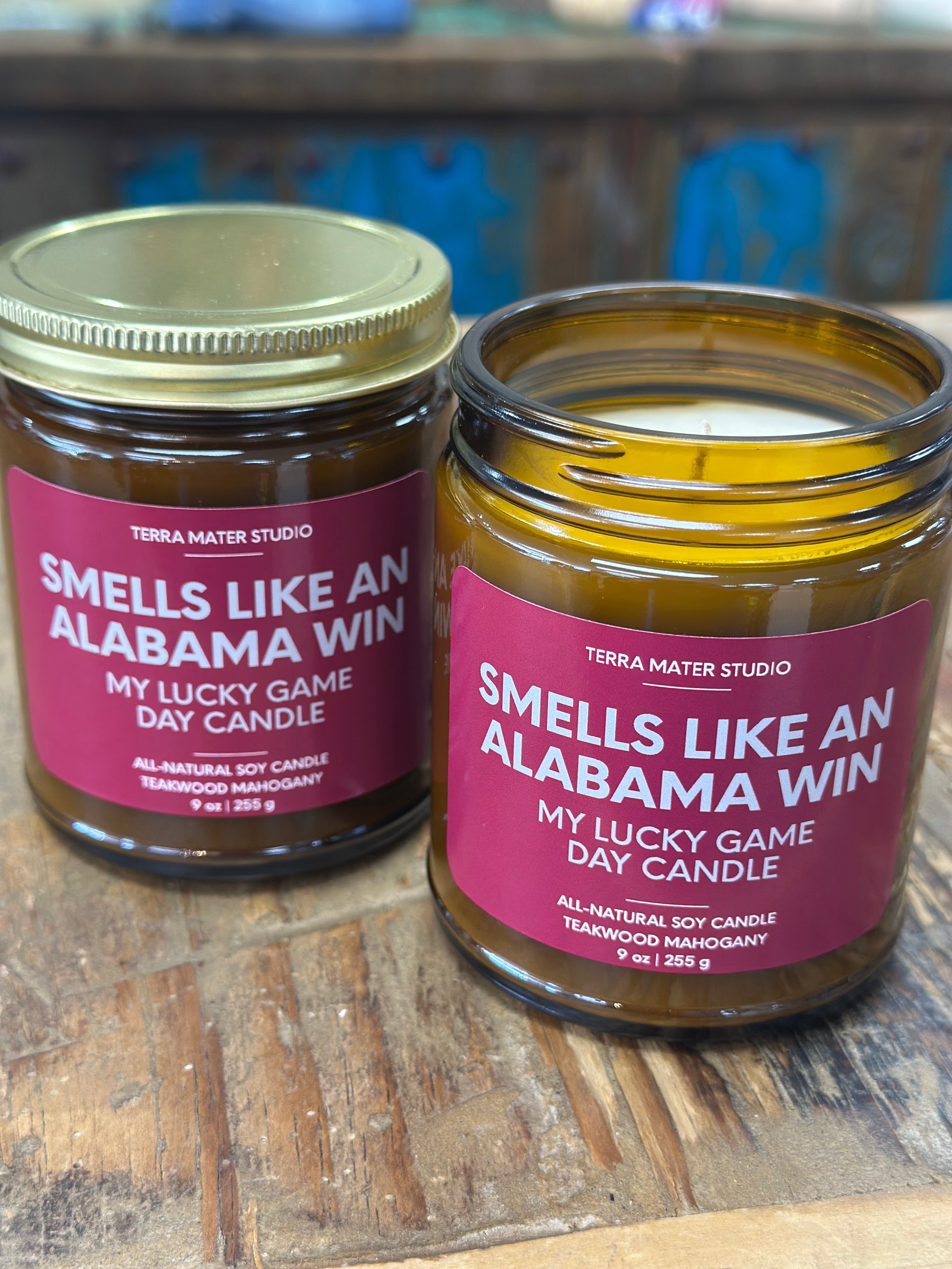 Alabama candle, game day candle, Crimson Tide candle, Alabama win candle, teakwood mahogany soy candle, football Saturday decor, Alabama fan gift
