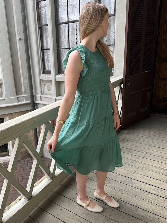 smocked midi dress, ruffle sleeve dress, woven midi dress, women’s midi dress, boutique dresses, spring dresses, Gypsy River Apparel