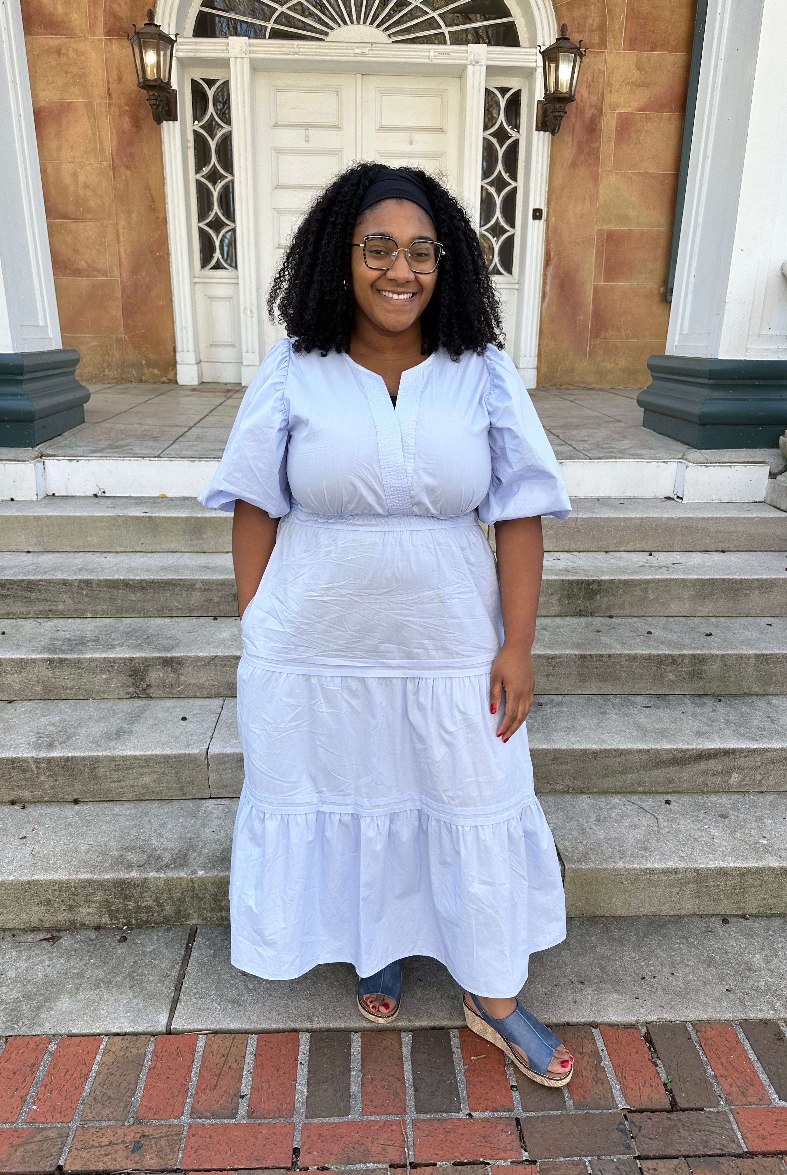 blue midi dress, tiered cotton dress, balloon sleeve dress, poplin midi dress, modest dresses for women, dresses with pockets, boutique midi dress