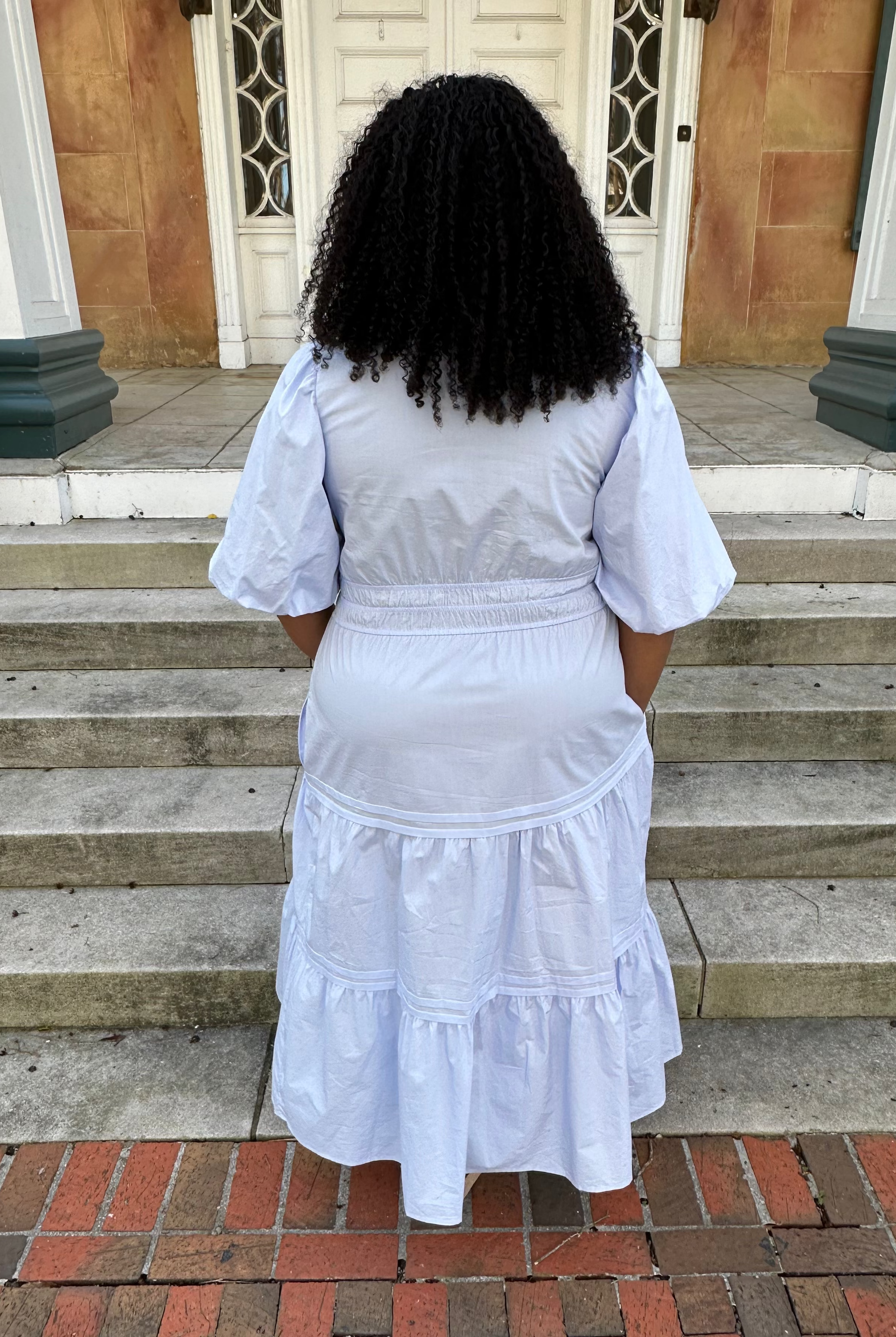 blue midi dress, tiered cotton dress, balloon sleeve dress, poplin midi dress, modest dresses for women, dresses with pockets, boutique midi dress