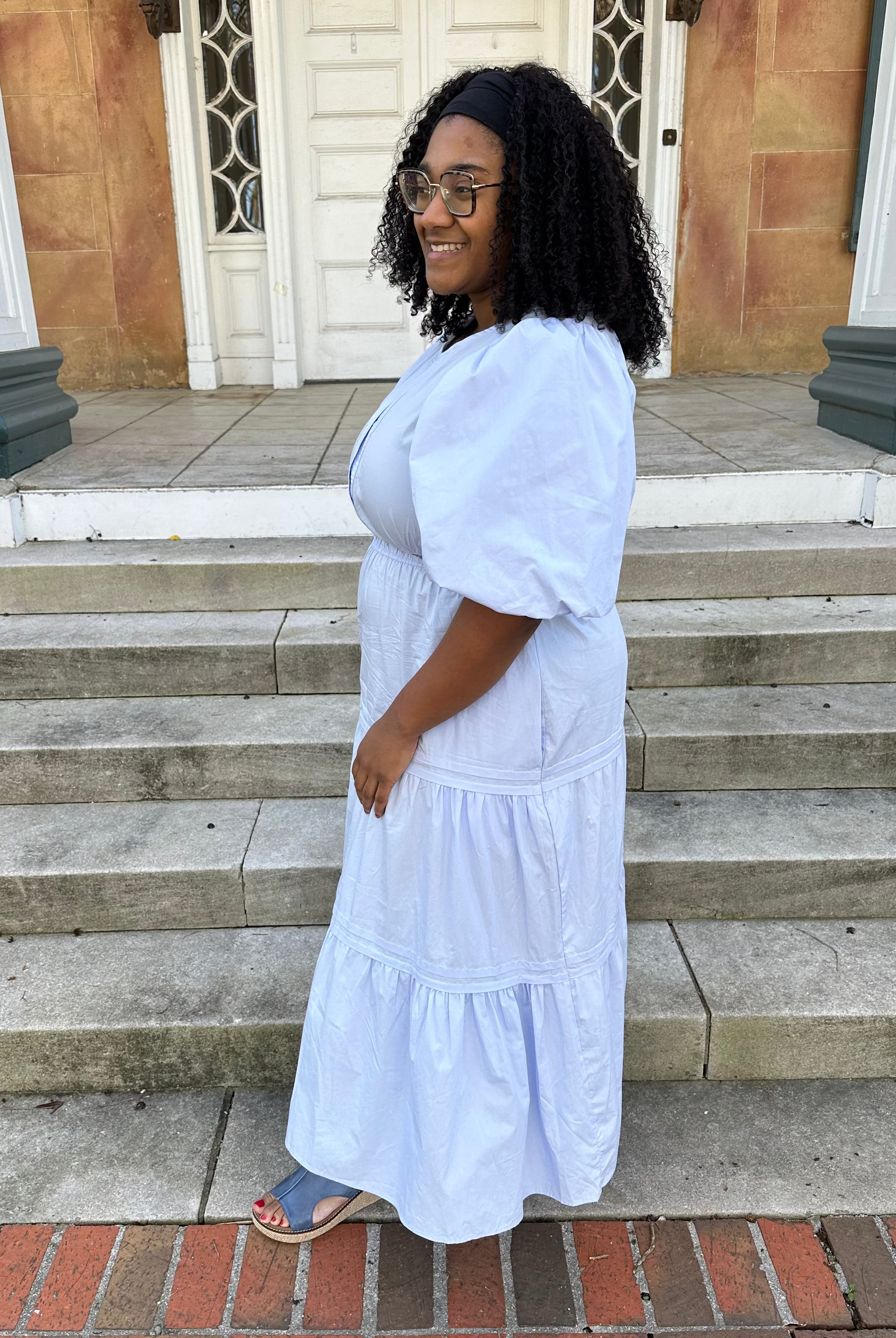 blue midi dress, tiered cotton dress, balloon sleeve dress, poplin midi dress, modest dresses for women, dresses with pockets, boutique midi dress