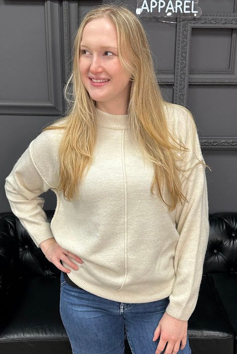 melange sweater, round neck sweater, relaxed fit sweater, front seam sweater, women’s knit sweater, boutique sweaters, Gypsy River Apparel