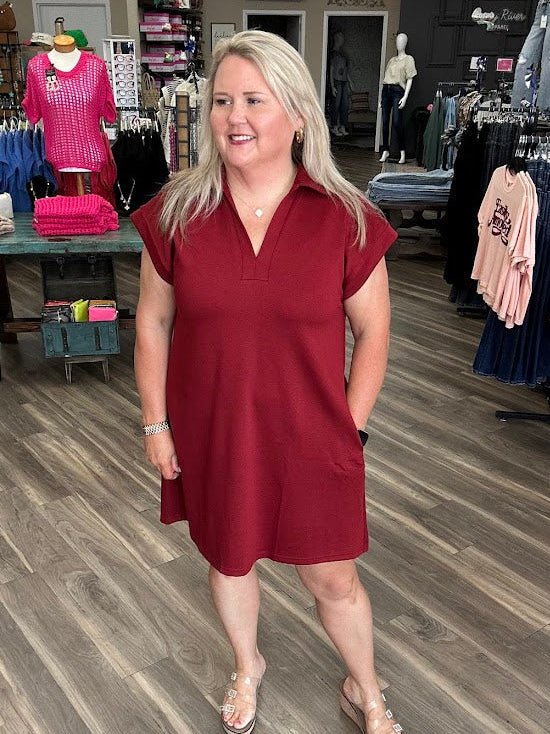 Solid Collared Short Sleeve Shift Dress with Pockets
