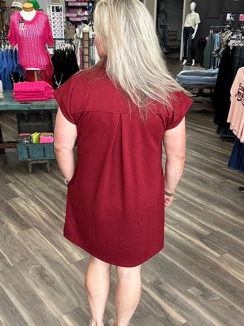 Solid Collared Short Sleeve Shift Dress with Pockets