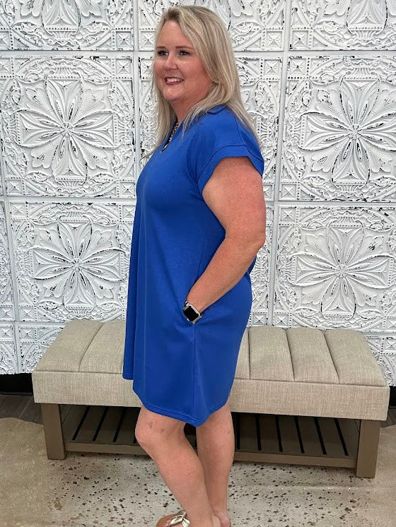 Solid Collared Short Sleeve Shift Dress with Pockets