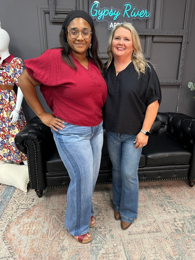 dolman sleeve top, V-neck blouse, trenza detail shirt, lightweight woven top, rayon nylon blend blouse, everyday casual top, Gypsy River Apparel