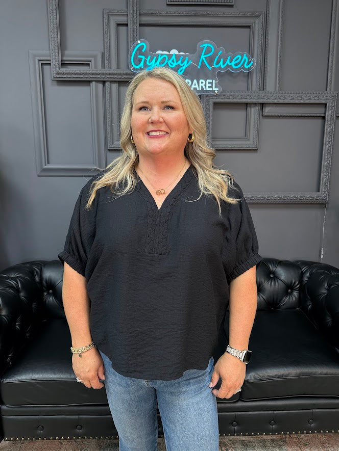 dolman sleeve top, V-neck blouse, trenza detail shirt, lightweight woven top, rayon nylon blend blouse, everyday casual top, Gypsy River Apparel