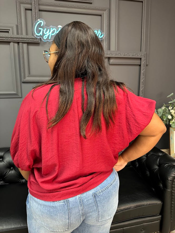 dolman sleeve top, V-neck blouse, trenza detail shirt, lightweight woven top, rayon nylon blend blouse, everyday casual top, Gypsy River Apparel