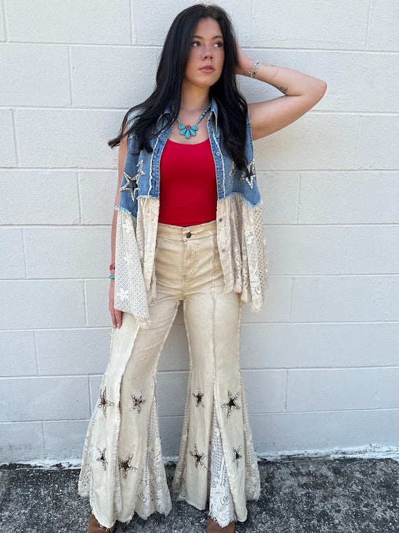 Star Appliqué Lace Inset Flare Pants – Natural