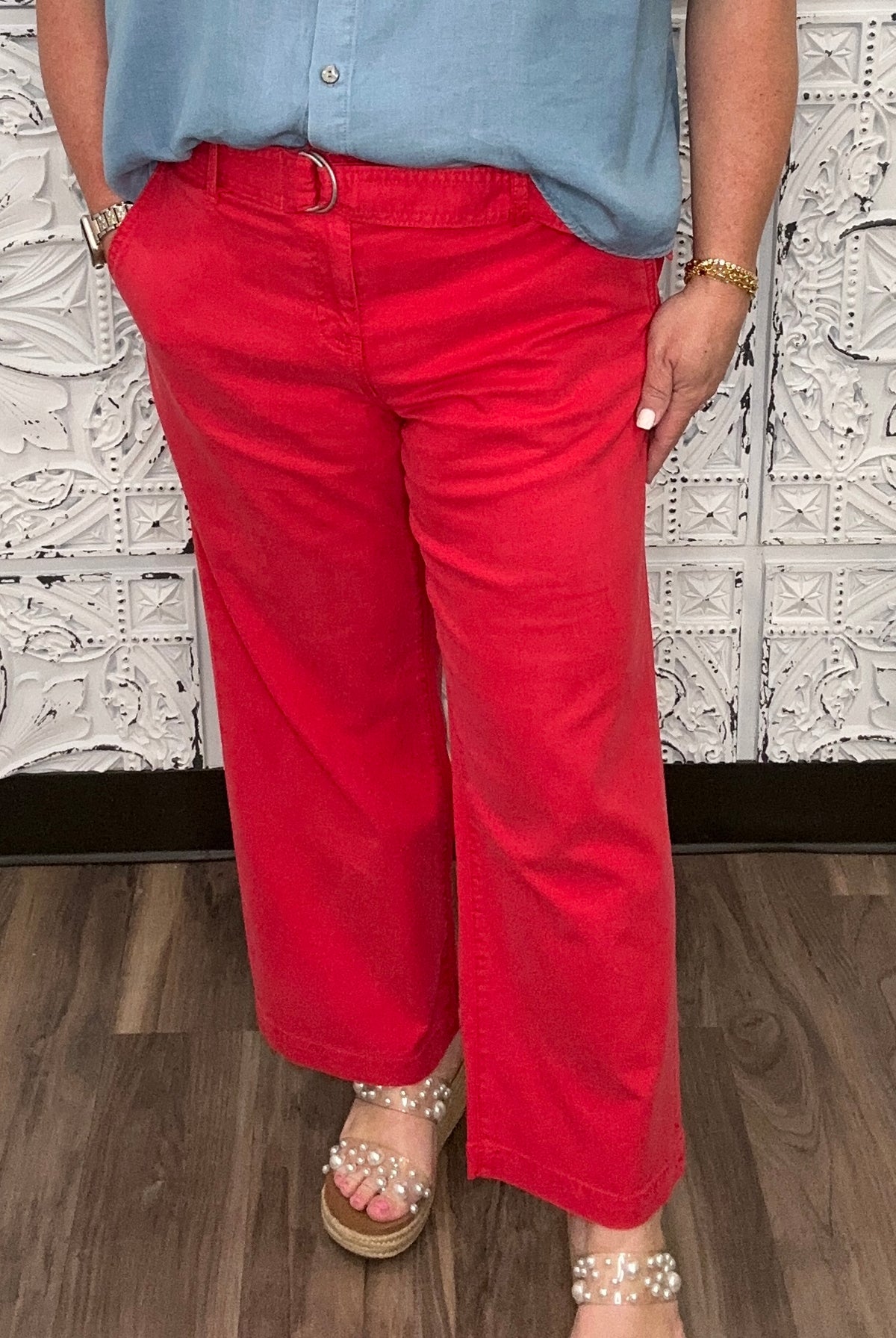 Liverpool Stride pants, high rise crop wide leg, red wide leg pants, cropped trouser jeans, Liverpool Los Angeles pants, women’s dressy casual pants, statement color pants, ankle crop pants, boutique style trousers, bold red pants, soft stretch cotton pants, flattering wide leg fit, high waist crop trousers, modern cropped denim, comfortable chic pants, Liverpool boutique fashion, women’s wide leg bottoms, Gypsy River Apparel, Northport boutique clothing, wardrobe statement piece