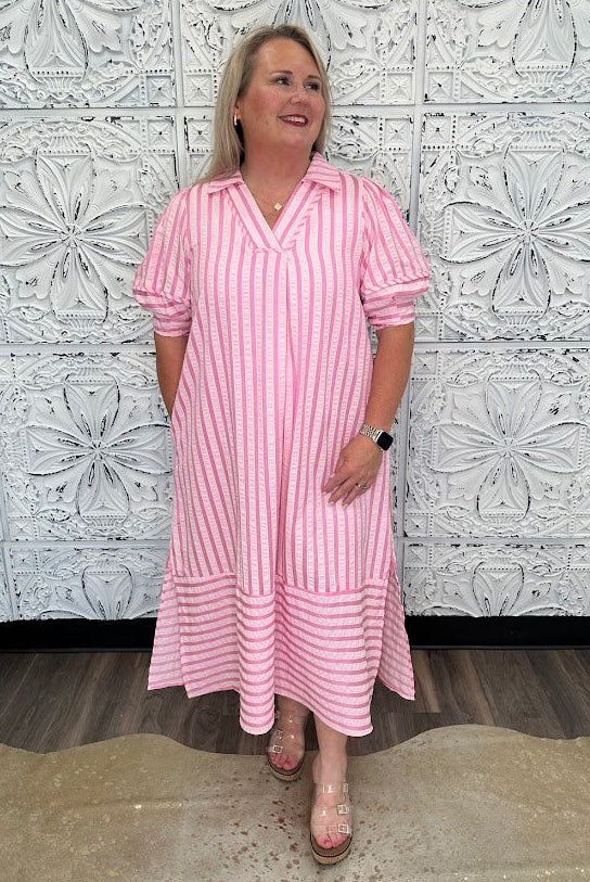 Stripe Puff Sleeve Midi Dress