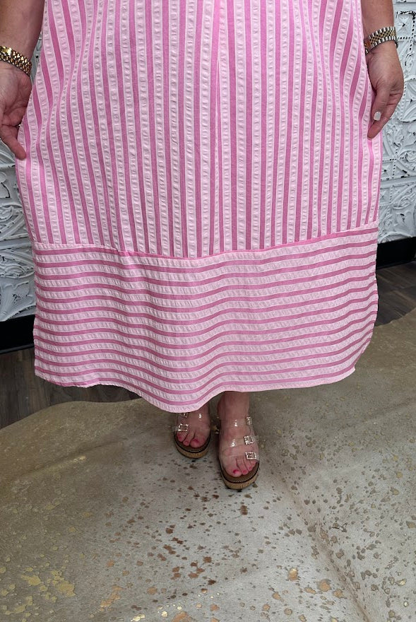 Stripe Puff Sleeve Midi Dress
