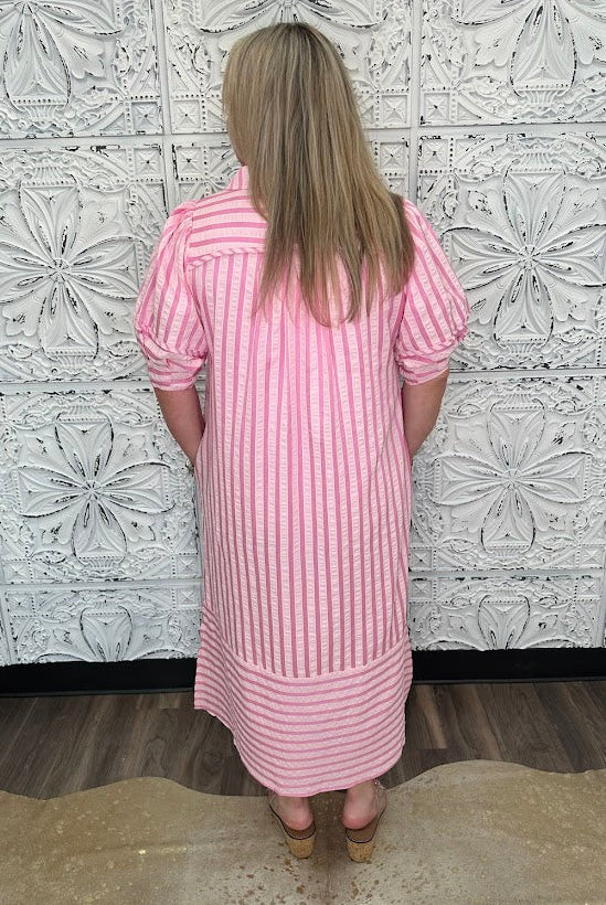 Stripe Puff Sleeve Midi Dress