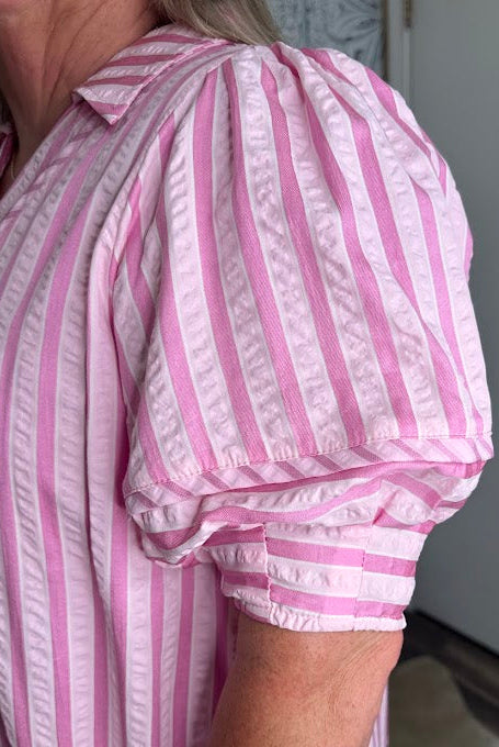 Stripe Puff Sleeve Midi Dress