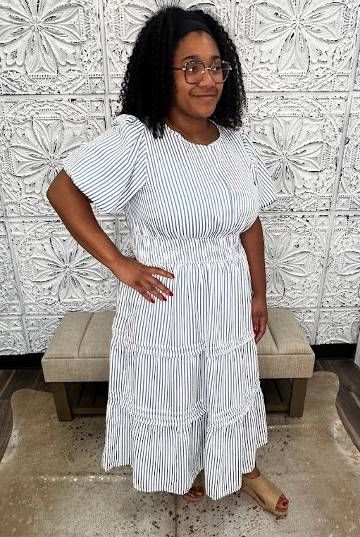 Stripe Puff Sleeve Tiered Midi Plus size Dress