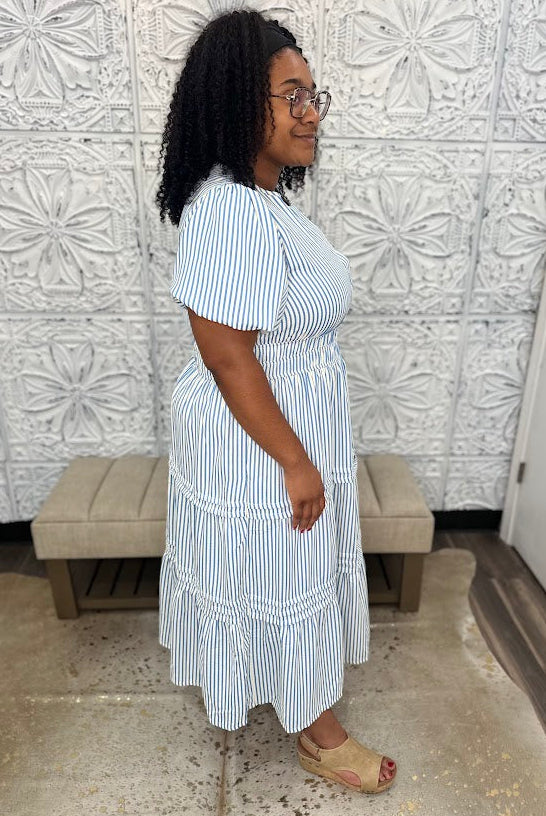 Stripe Puff Sleeve Tiered Midi Plus size Dress