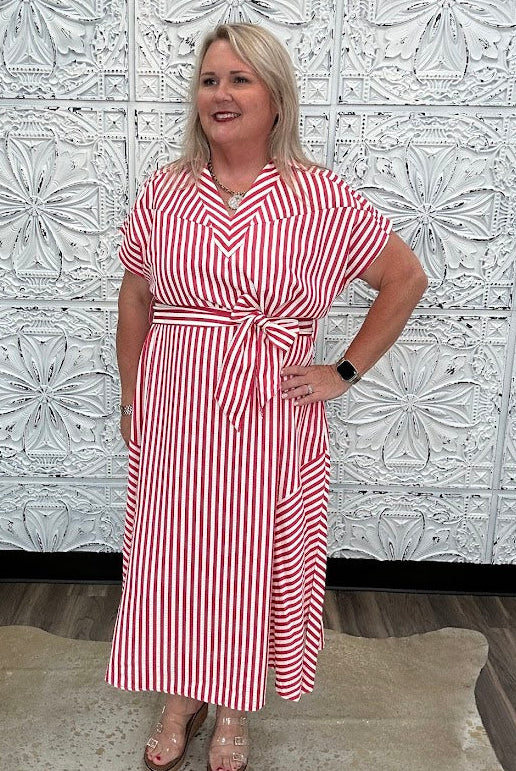 Stripe Waist Tie Collared Midi Dress