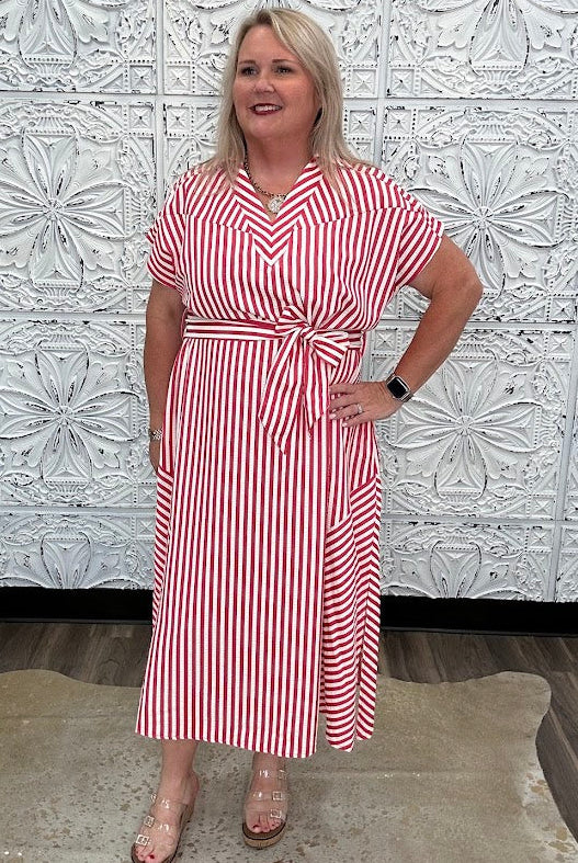 Stripe Waist Tie Collared Midi Dress